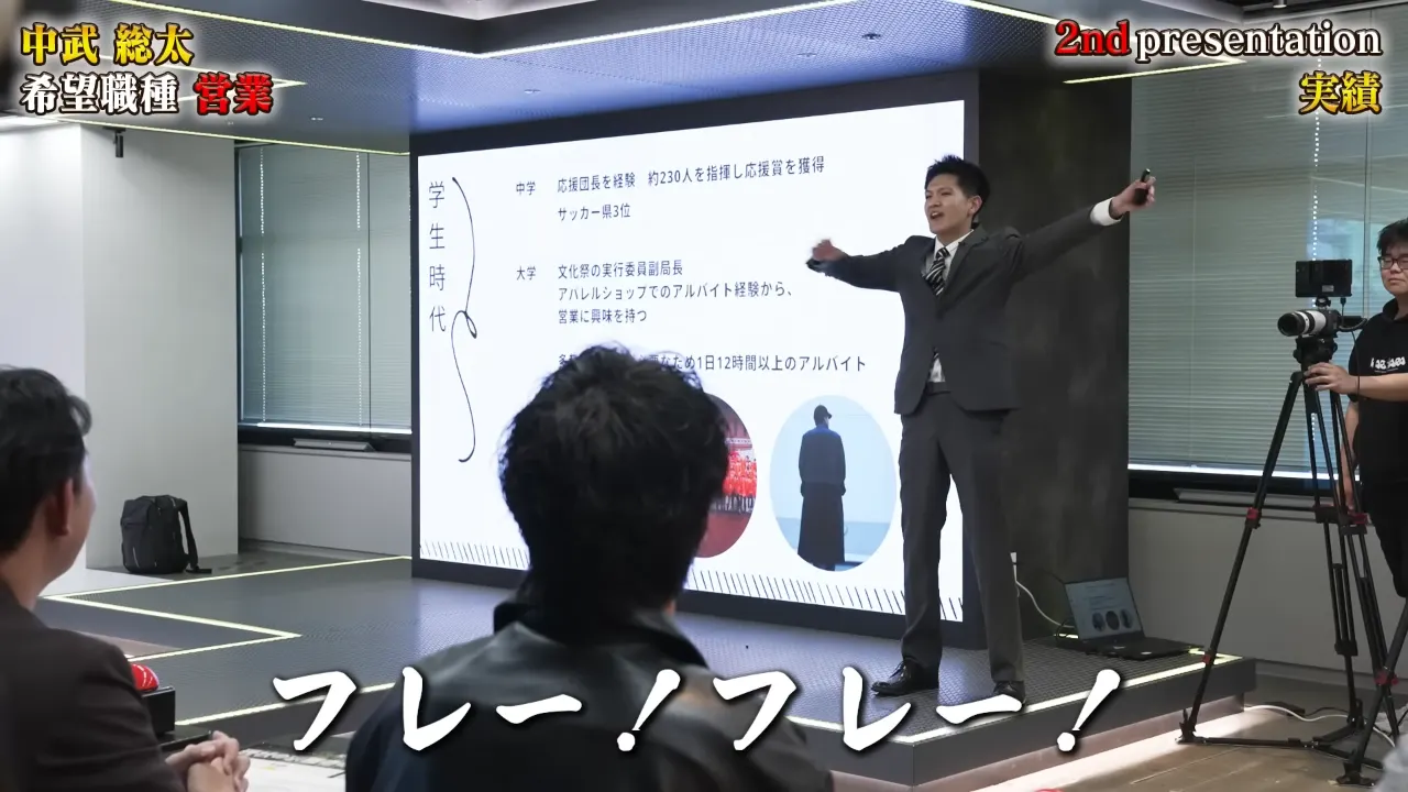 社長陣の前で応援団のエールを披露する中武